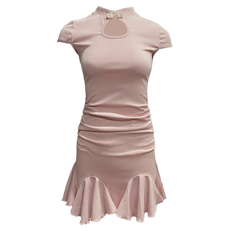 Cute Pink Ruffles Hem Mini Skirt Vogue Oriental Cutout Sheath Short Sleeve Halter Short Dress AP1721
