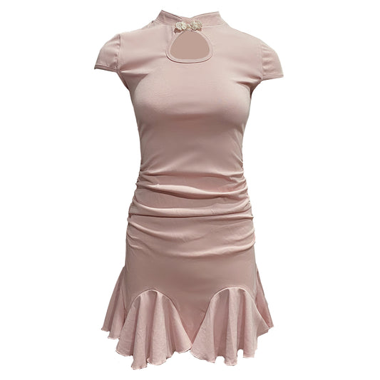 Cute Pink Ruffles Hem Mini Skirt Vogue Oriental Cutout Sheath Short Sleeve Halter Short Dress AP1721