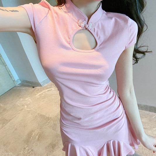 Cute Pink Ruffles Hem Mini Skirt Vogue Oriental Cutout Sheath Short Sleeve Halter Short Dress AP1721