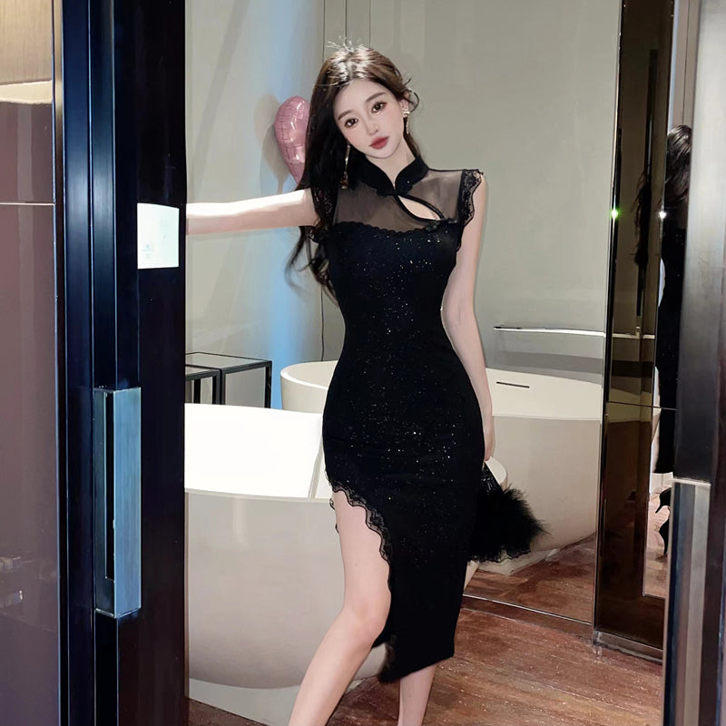 Alluring Hollow-Out Black Lace Trimmed High-Slit Midi Dress Vogue Glittering Sequins Mesh Splicing Halter Long Dress AP1722