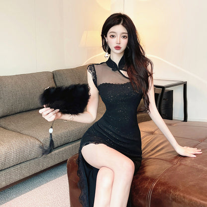 Alluring Hollow-Out Black Lace Trimmed High-Slit Midi Dress Vogue Glittering Sequins Mesh Splicing Halter Long Dress AP1722