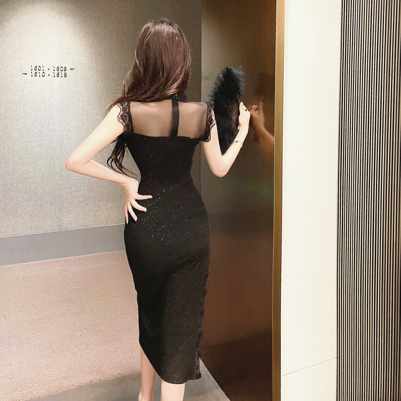 Alluring Hollow-Out Black Lace Trimmed High-Slit Midi Dress Vogue Glittering Sequins Mesh Splicing Halter Long Dress AP1722