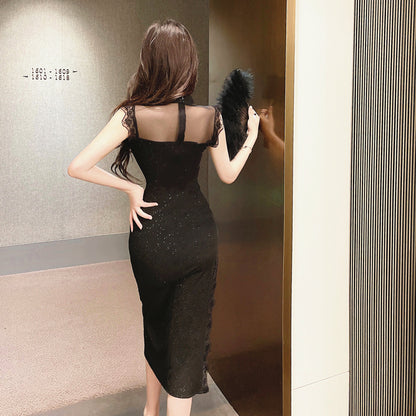 Alluring Hollow-Out Black Lace Trimmed High-Slit Midi Dress Vogue Glittering Sequins Mesh Splicing Halter Long Dress AP1722