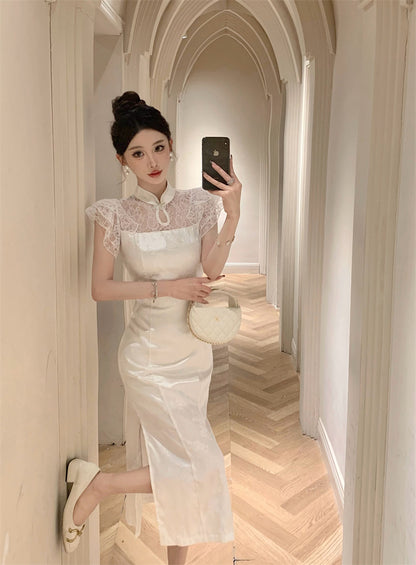 Charming High-Slit White Cheongsam Jacquard Stand Collar Midi Dress Dreamy Lace Splicing Short Flutter Sleeves Halter Long Dress AP1723