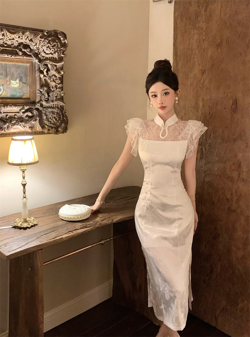 Charming High-Slit White Cheongsam Jacquard Stand Collar Midi Dress Dreamy Lace Splicing Short Flutter Sleeves Halter Long Dress AP1723