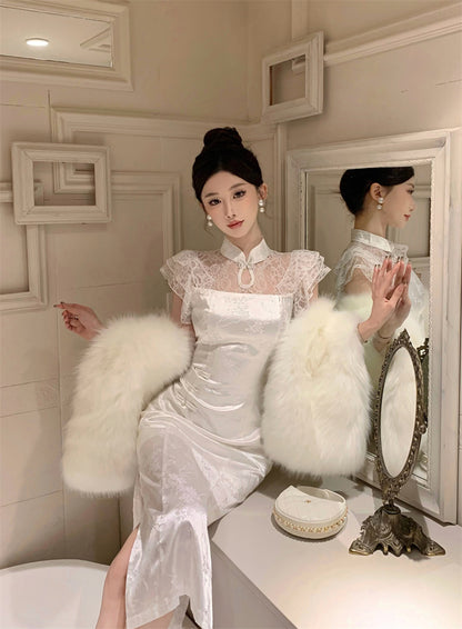 Charming High-Slit White Cheongsam Jacquard Stand Collar Midi Dress Dreamy Lace Splicing Short Flutter Sleeves Halter Long Dress AP1723