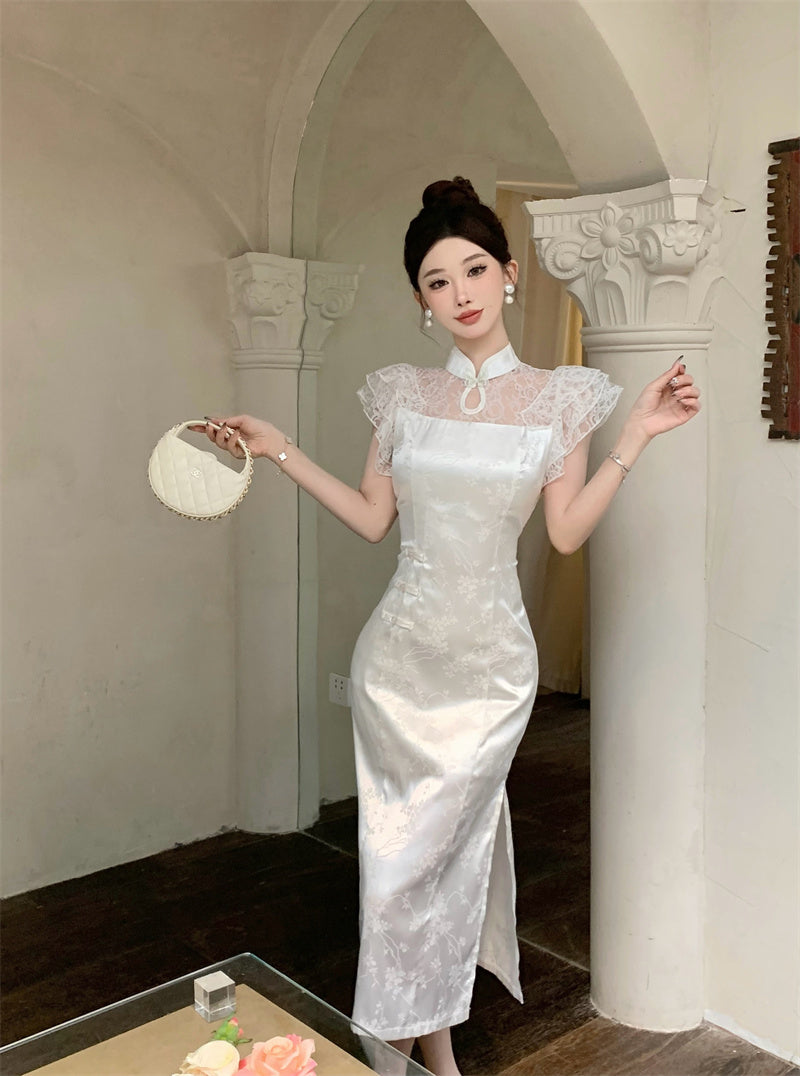 Charming High-Slit White Cheongsam Jacquard Stand Collar Midi Dress Dreamy Lace Splicing Short Flutter Sleeves Halter Long Dress AP1723