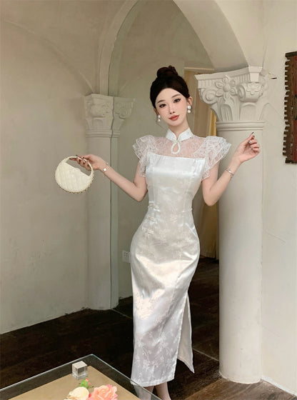 Charming High-Slit White Cheongsam Jacquard Stand Collar Midi Dress Dreamy Lace Splicing Short Flutter Sleeves Halter Long Dress AP1723