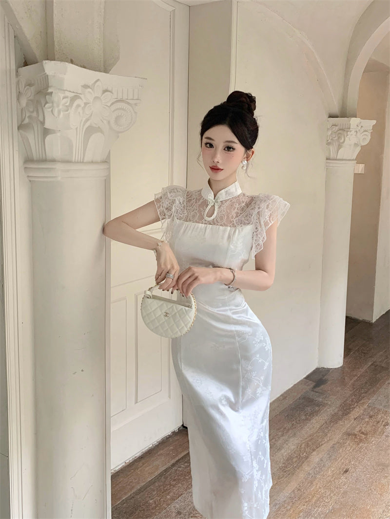Charming High-Slit White Cheongsam Jacquard Stand Collar Midi Dress Dreamy Lace Splicing Short Flutter Sleeves Halter Long Dress AP1723