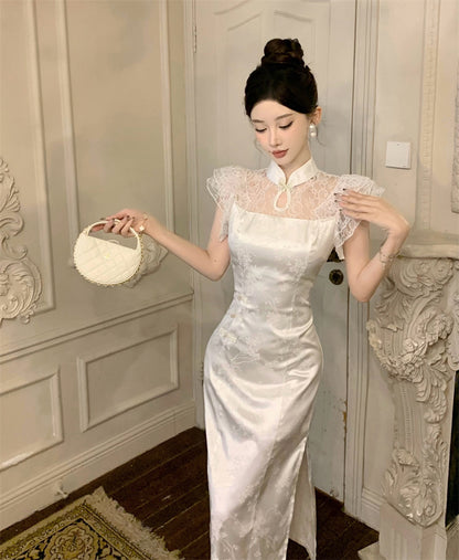 Charming High-Slit White Cheongsam Jacquard Stand Collar Midi Dress Dreamy Lace Splicing Short Flutter Sleeves Halter Long Dress AP1723