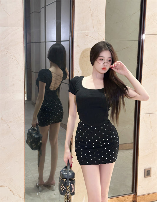 Party-Ready Black Two-Piece Set Polka Dot Bodycon Mini Skirt Charming Open Back Crisscross Top Short Dress AP1724