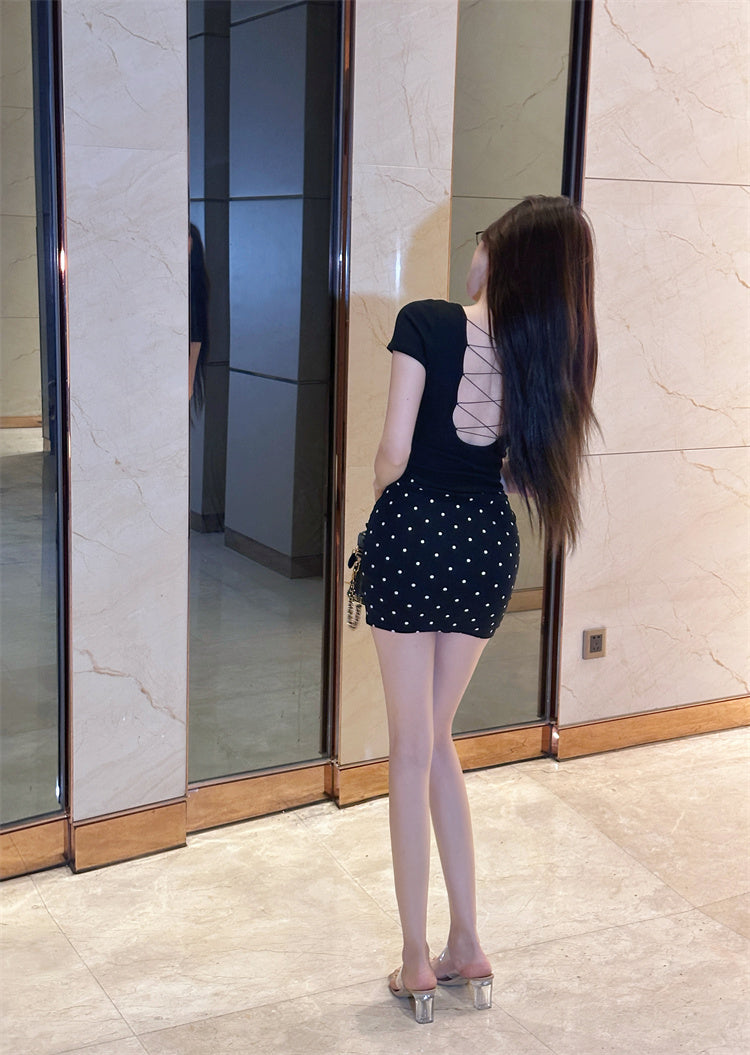 Party-Ready Black Two-Piece Set Polka Dot Bodycon Mini Skirt Charming Open Back Crisscross Top Short Dress AP1724