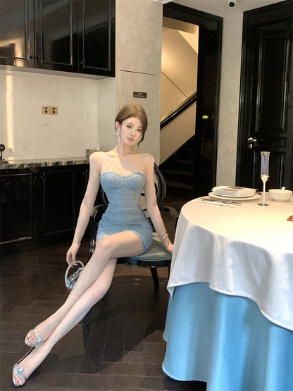 Charming Light Blue Mesh Splicing Sparkling Sequins Bodycon Mini Dress Chic Party Nights Backless Sheer Overlay Short Dress AP1726