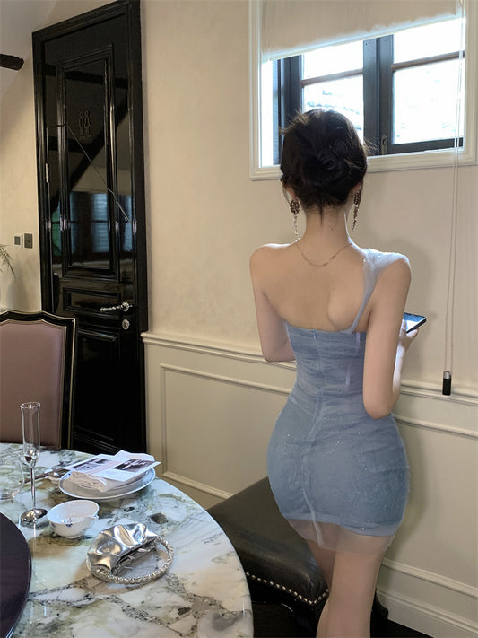 Charming Light Blue Mesh Splicing Sparkling Sequins Bodycon Mini Dress Chic Party Nights Backless Sheer Overlay Short Dress AP1726
