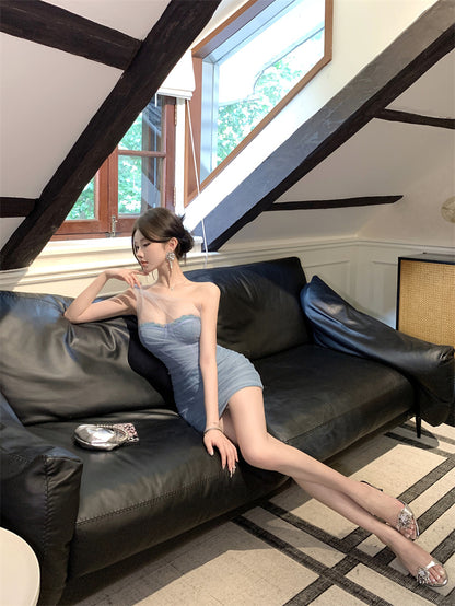 Charming Light Blue Mesh Splicing Sparkling Sequins Bodycon Mini Dress Chic Party Nights Backless Sheer Overlay Short Dress AP1726