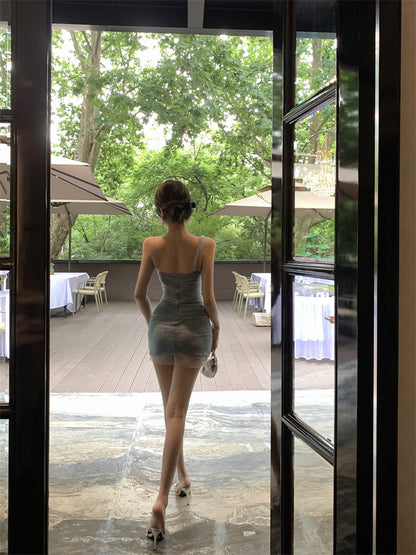 Charming Light Blue Mesh Splicing Sparkling Sequins Bodycon Mini Dress Chic Party Nights Backless Sheer Overlay Short Dress AP1726