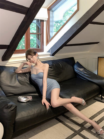 Charming Light Blue Mesh Splicing Sparkling Sequins Bodycon Mini Dress Chic Party Nights Backless Sheer Overlay Short Dress AP1726