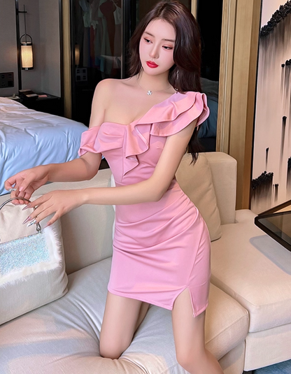 Graceful Off-Shoulder Asymmetric Neckline Mini Dress Ruffles Trimmed Pink Sheath Short Dress AP1727
