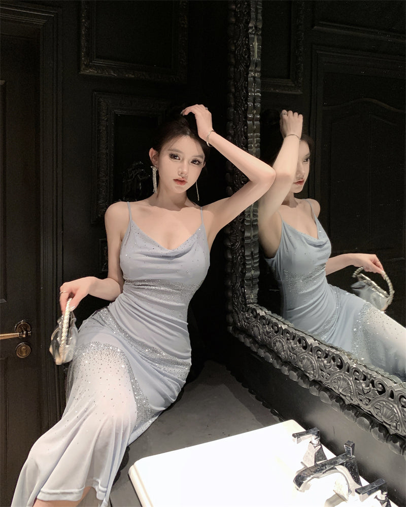 Charming Cowl Neck Spaghetti Strap Evening Maxi Dress Ethereal Sequin Embellishments Light Blue Long Dress AP1728