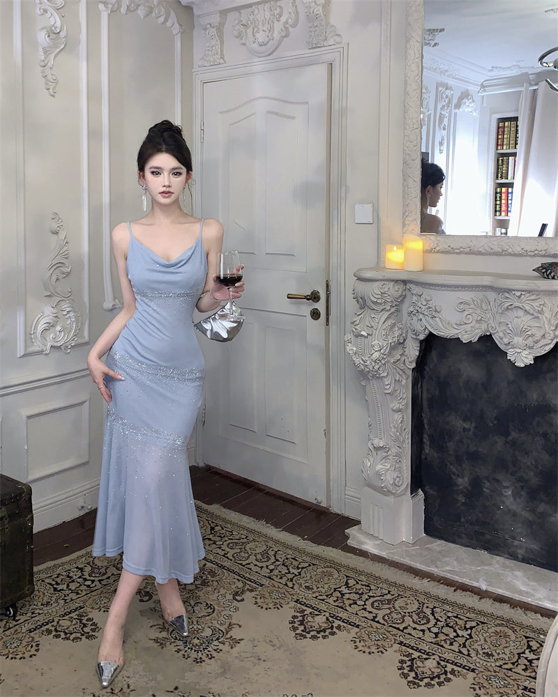 Charming Cowl Neck Spaghetti Strap Evening Maxi Dress Ethereal Sequin Embellishments Light Blue Long Dress AP1728