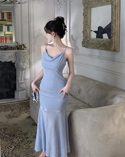 Charming Cowl Neck Spaghetti Strap Evening Maxi Dress Ethereal Sequin Embellishments Light Blue Long Dress AP1728