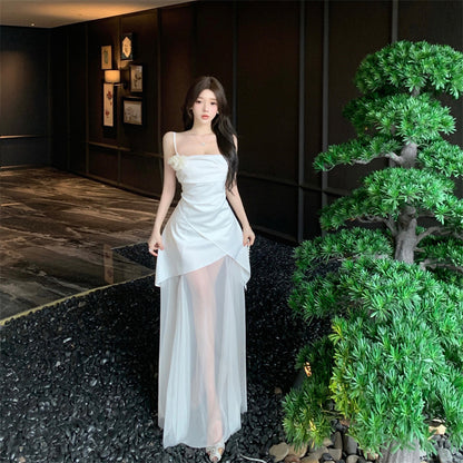 Glamorous Satin Fabric Ruched Spaghetti Strap Evening Maxi Dress White Sheer Tulle Splicing Flower Design Long Dress AP1729