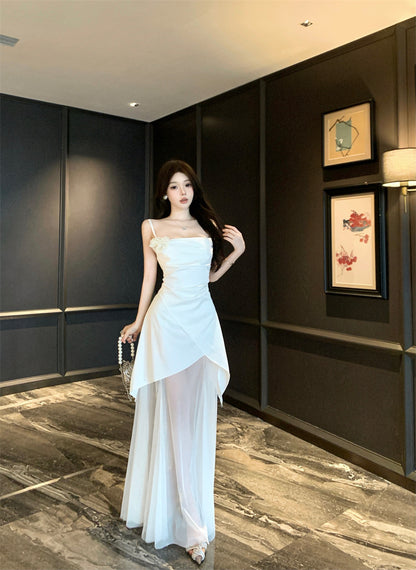 Glamorous Satin Fabric Ruched Spaghetti Strap Evening Maxi Dress White Sheer Tulle Splicing Flower Design Long Dress AP1729