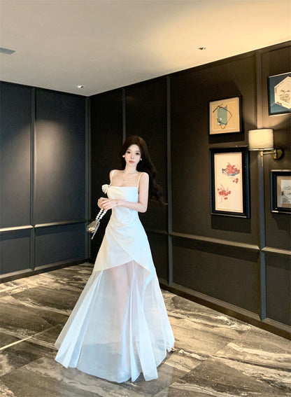 Glamorous Satin Fabric Ruched Spaghetti Strap Evening Maxi Dress White Sheer Tulle Splicing Flower Design Long Dress AP1729