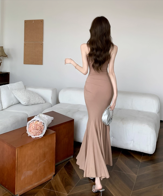 Graceful Ruffled Hem Spaghetti Strap Sheath Evening Maxi Dress Minimalist Mermaid Soft Fabric Long Dress AP1730