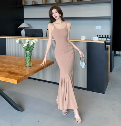 Graceful Ruffled Hem Spaghetti Strap Sheath Evening Maxi Dress Minimalist Mermaid Soft Fabric Long Dress AP1730