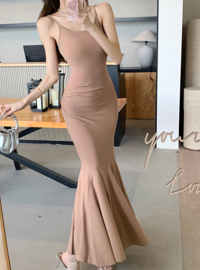 Graceful Ruffled Hem Spaghetti Strap Sheath Evening Maxi Dress Minimalist Mermaid Soft Fabric Long Dress AP1730