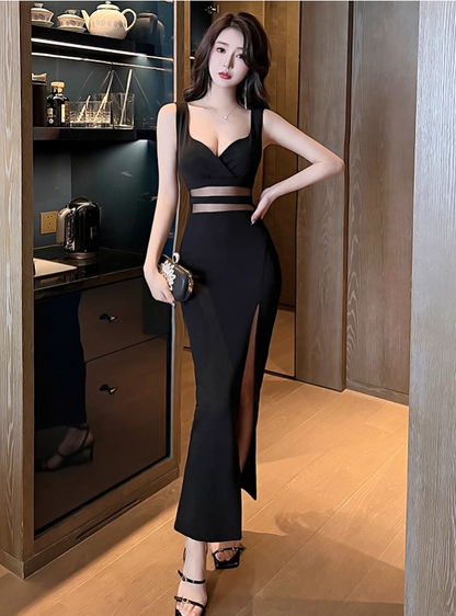 Hot Sale Cutout Black Mesh Splicing Evening Maxi Dress Vintage High-Slit Sheath Long Dress AP1731