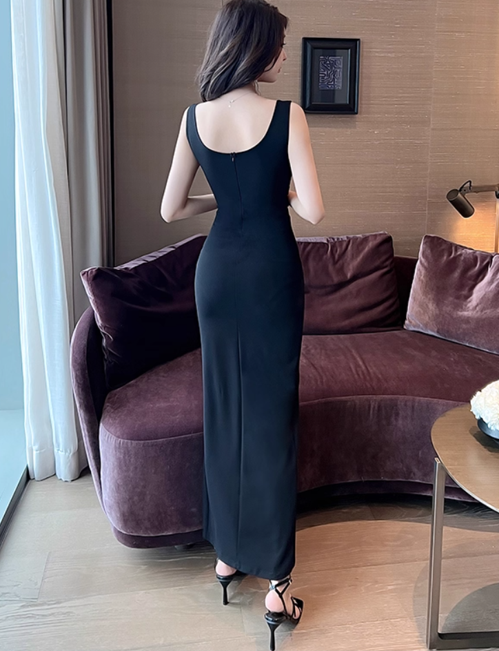 Hot Sale Cutout Black Mesh Splicing Evening Maxi Dress Vintage High-Slit Sheath Long Dress AP1731