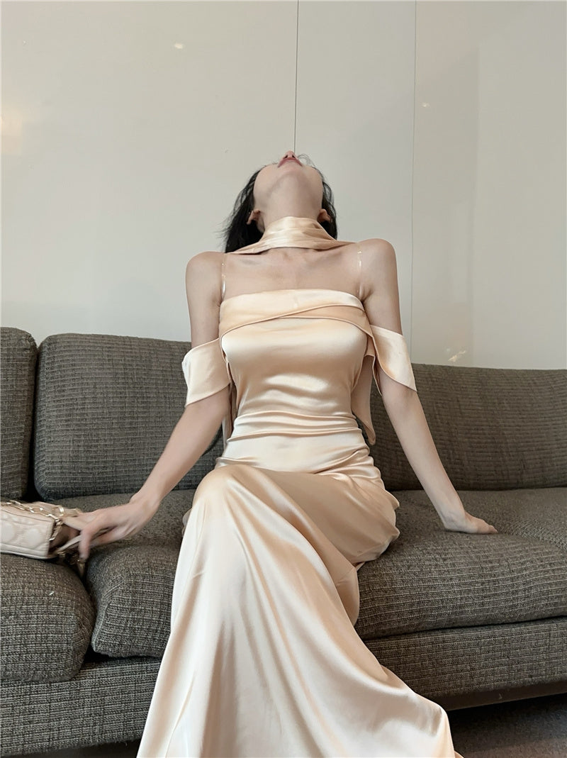 French Style Sheen Fabric Sheath Maxi Dress Graceful Off-Shoulder Bodycon Minimalist Long Dress AP1732