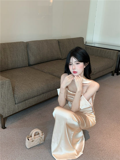 French Style Sheen Fabric Sheath Maxi Dress Graceful Off-Shoulder Bodycon Minimalist Long Dress AP1732