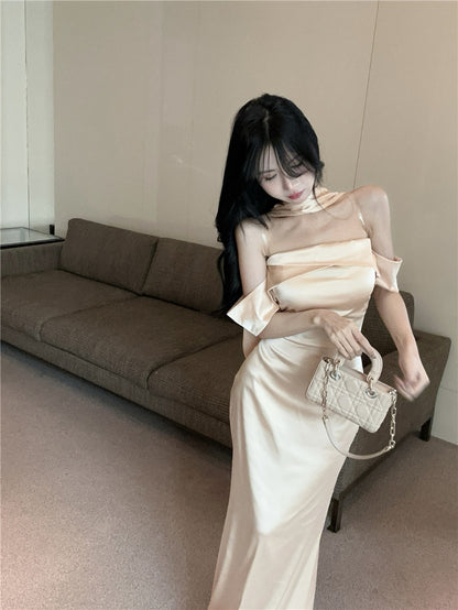 French Style Sheen Fabric Sheath Maxi Dress Graceful Off-Shoulder Bodycon Minimalist Long Dress AP1732