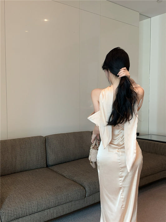 French Style Sheen Fabric Sheath Maxi Dress Graceful Off-Shoulder Bodycon Minimalist Long Dress AP1732