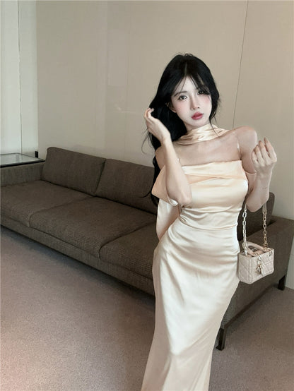 French Style Sheen Fabric Sheath Maxi Dress Graceful Off-Shoulder Bodycon Minimalist Long Dress AP1732