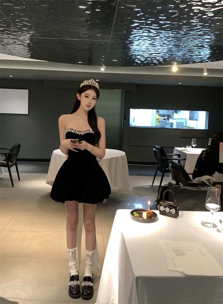 Elegant Black Shimmery Strapless Mini Dress Glamorous Rhinestone Trim Puffy Hem Short Dress AP1733