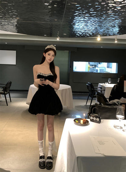 Elegant Black Shimmery Strapless Mini Dress Glamorous Rhinestone Trim Puffy Hem Short Dress AP1733