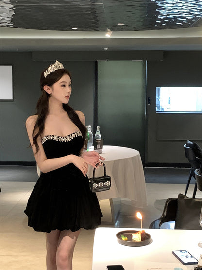 Elegant Black Shimmery Strapless Mini Dress Glamorous Rhinestone Trim Puffy Hem Short Dress AP1733