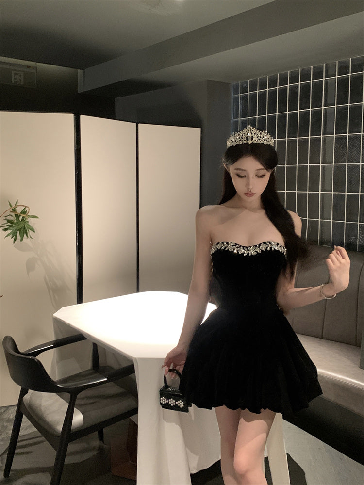 Elegant Black Shimmery Strapless Mini Dress Glamorous Rhinestone Trim Puffy Hem Short Dress AP1733