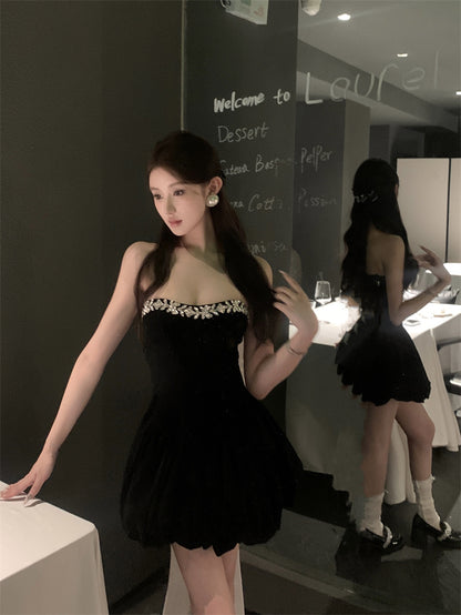 Elegant Black Shimmery Strapless Mini Dress Glamorous Rhinestone Trim Puffy Hem Short Dress AP1733