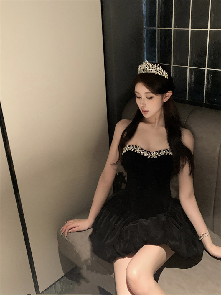 Elegant Black Shimmery Strapless Mini Dress Glamorous Rhinestone Trim Puffy Hem Short Dress AP1733