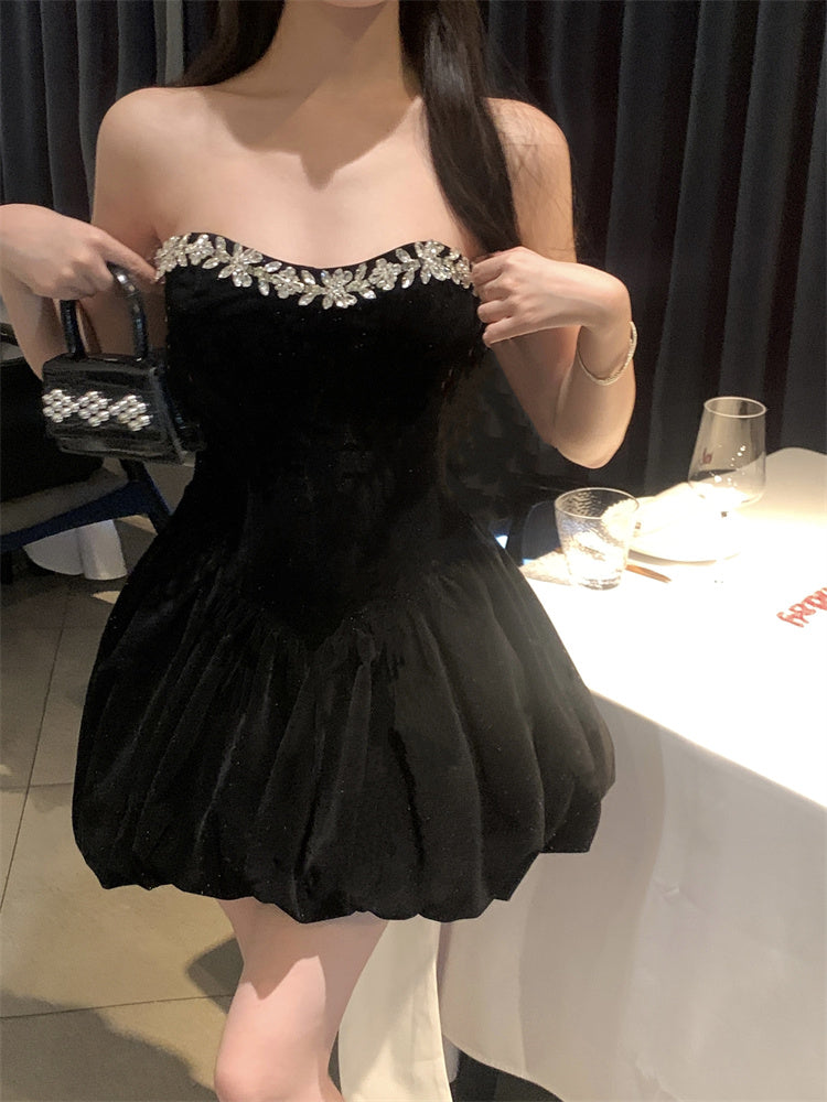 Elegant Black Shimmery Strapless Mini Dress Glamorous Rhinestone Trim Puffy Hem Short Dress AP1733