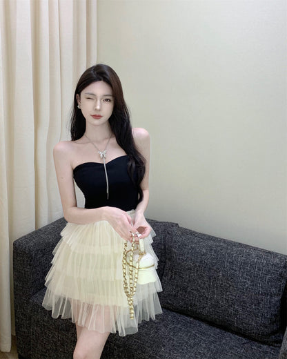 Cute Girls Strapless Black & White Splicing Mini Dress Glamorous Cascade Tiered Tulle Hem Short Dress AP1734