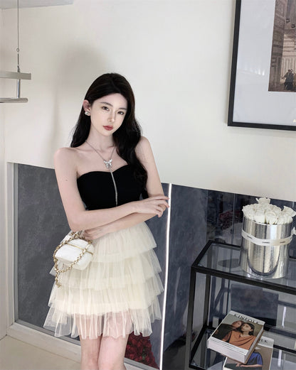 Cute Girls Strapless Black & White Splicing Mini Dress Glamorous Cascade Tiered Tulle Hem Short Dress AP1734