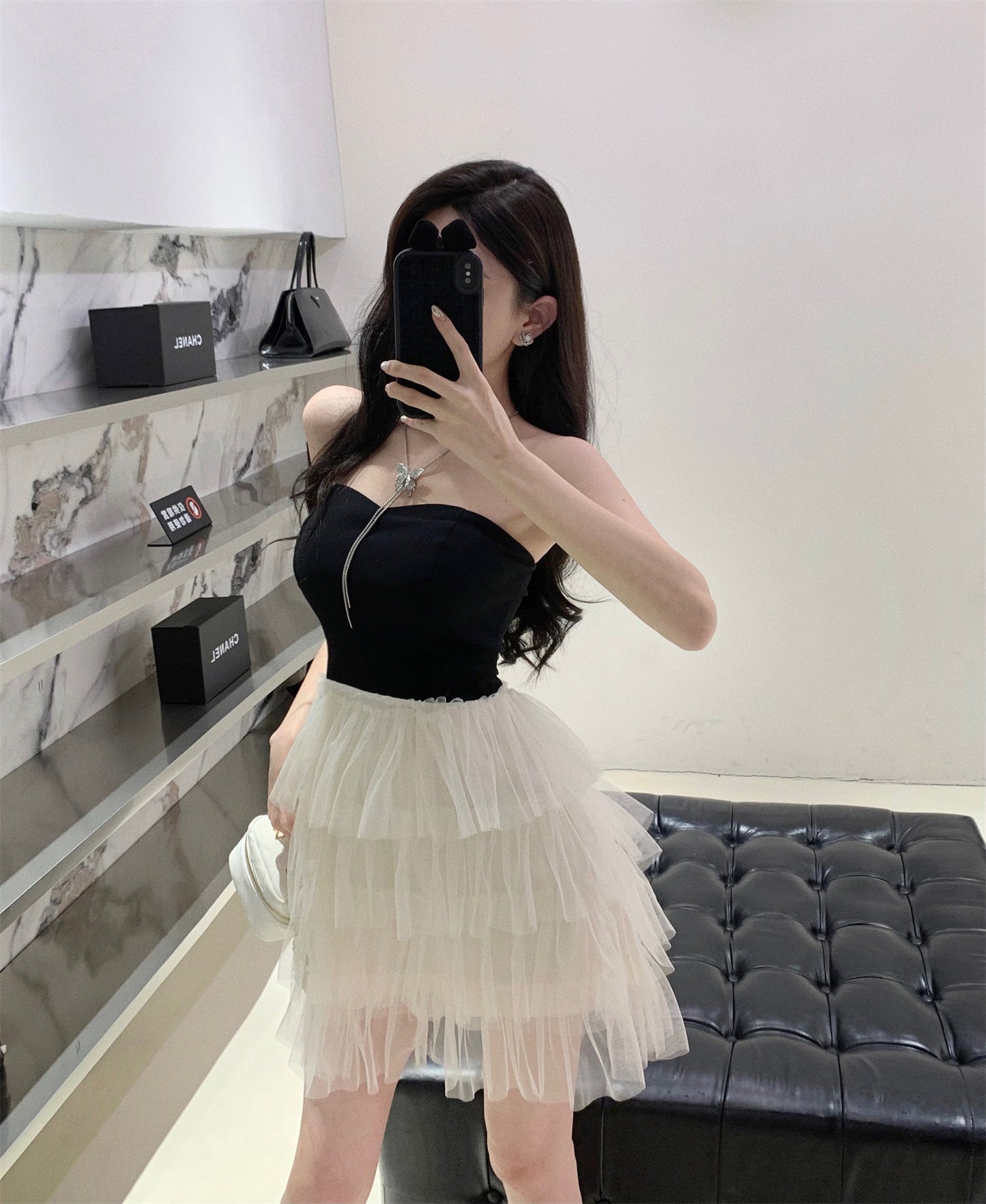 Cute Girls Strapless Black & White Splicing Mini Dress Glamorous Cascade Tiered Tulle Hem Short Dress AP1734