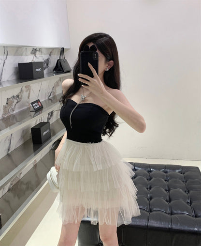 Cute Girls Strapless Black & White Splicing Mini Dress Glamorous Cascade Tiered Tulle Hem Short Dress AP1734