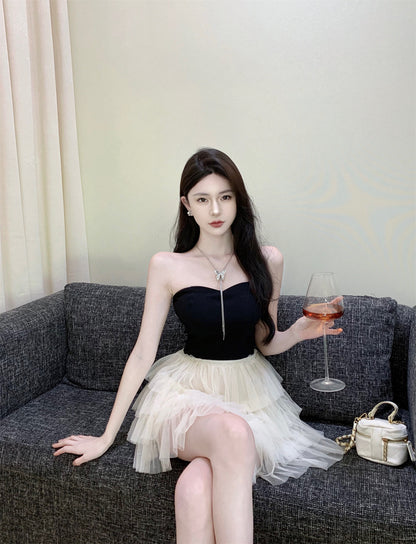 Cute Girls Strapless Black & White Splicing Mini Dress Glamorous Cascade Tiered Tulle Hem Short Dress AP1734